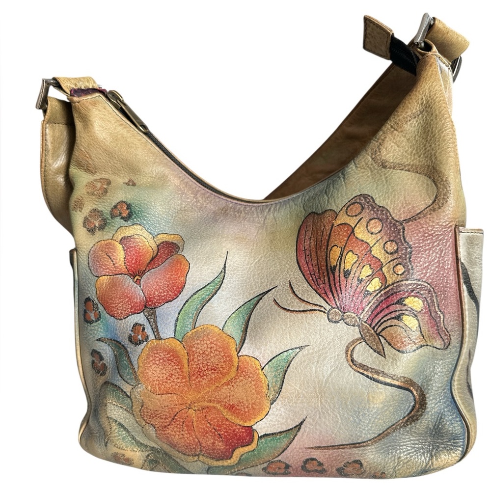 Anuschka Tan Shoulder Bag with Floral and Butterfly Art